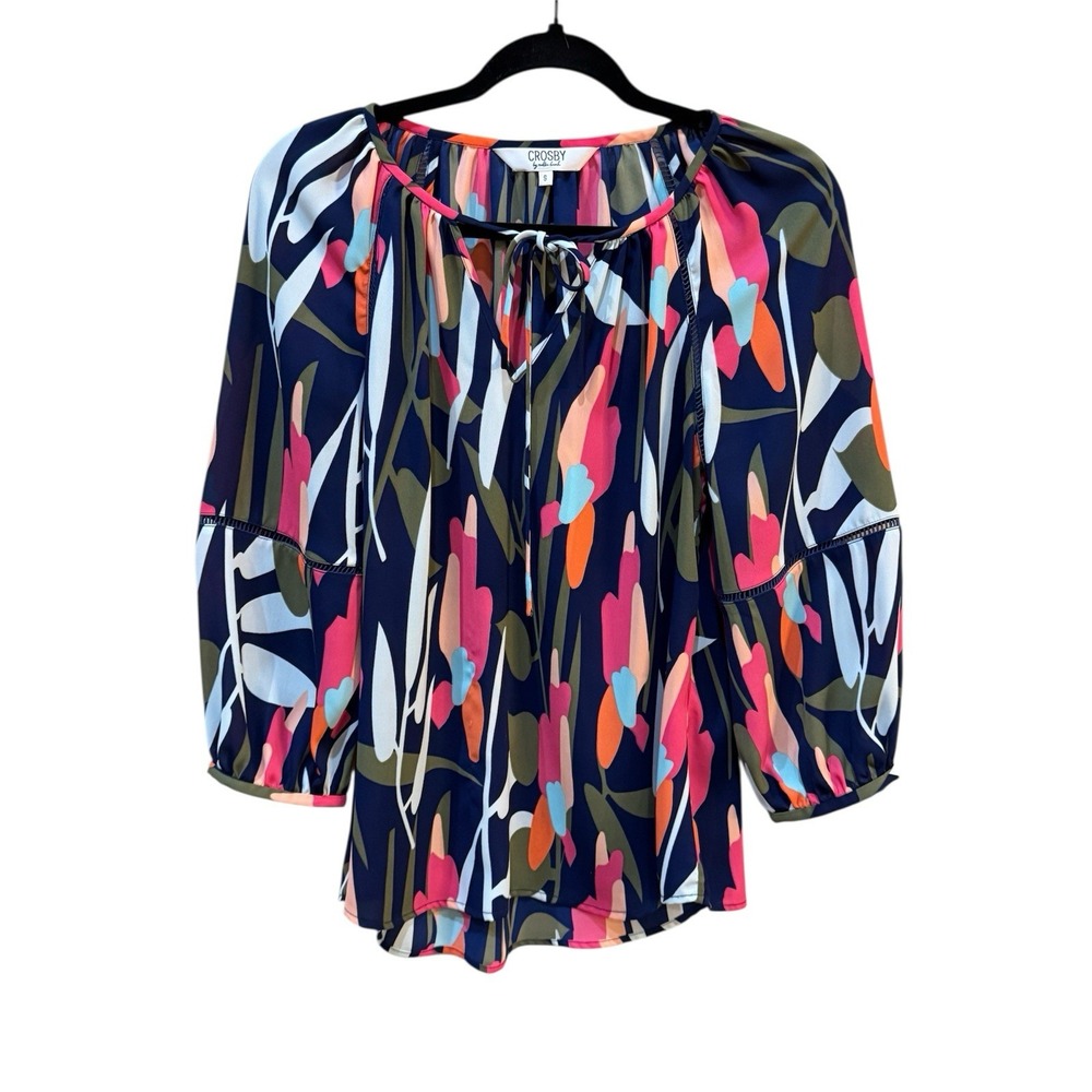 Crosby By Mollie‎ Burch Womens Mod Floral Tie Neck Top Blouse Size Small